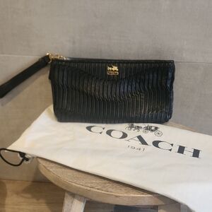 Coach Black Pleated Wristlet with Gold Detail